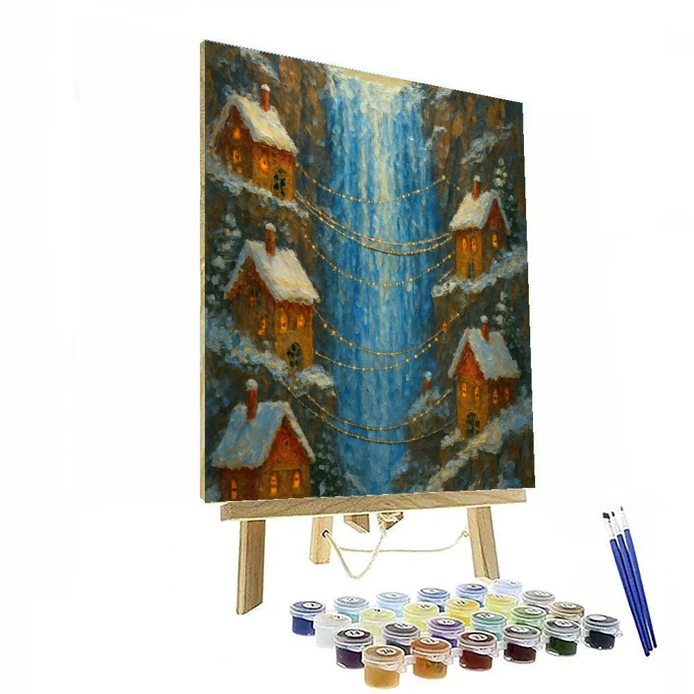 Glistening Frozen Waterfall Village paint by number