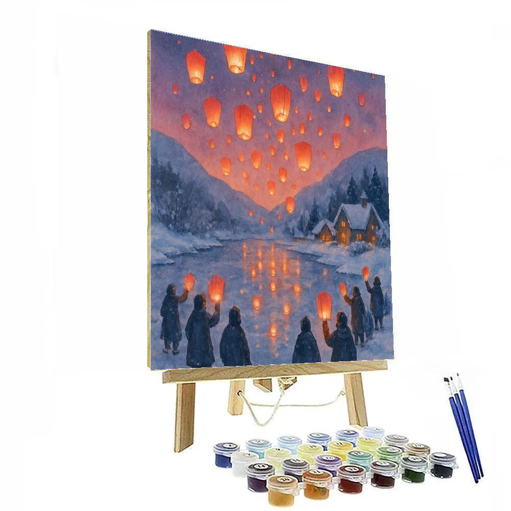 Holiday Sky Lanterns Above The Frozen River Painting by numbers kit