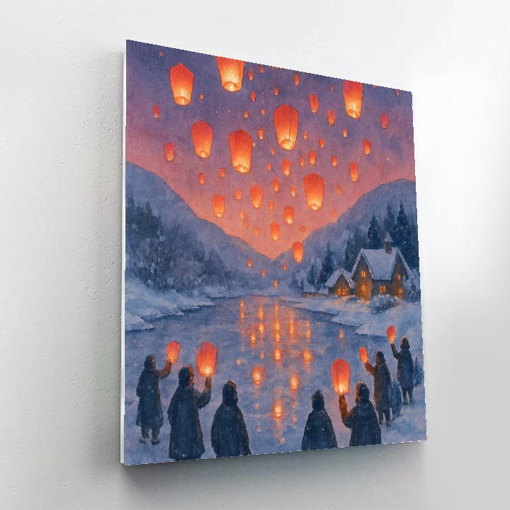 Holiday Sky Lanterns Above The Frozen River Painting by numbers kit