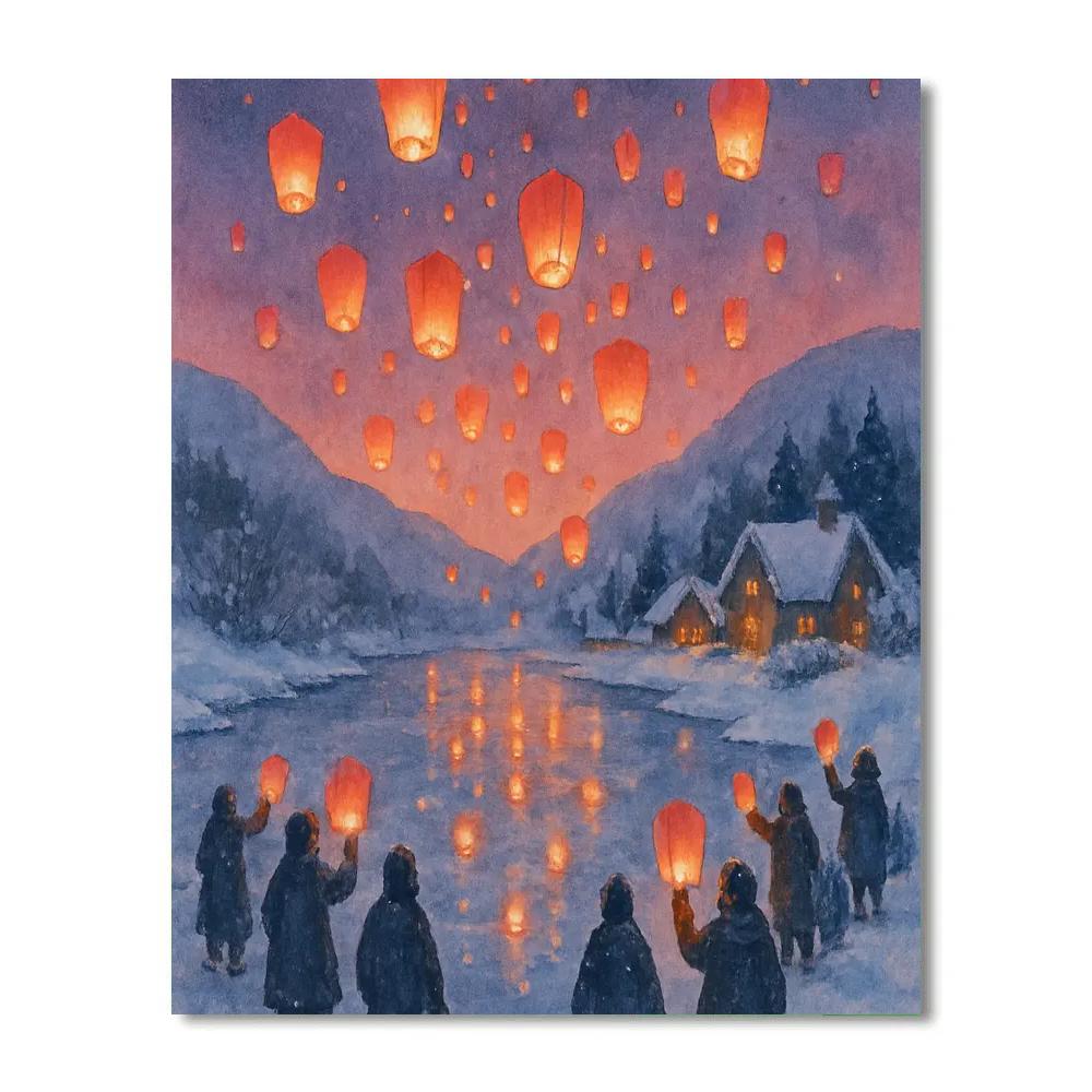 Holiday Sky Lanterns Above The Frozen River Painting by numbers kit