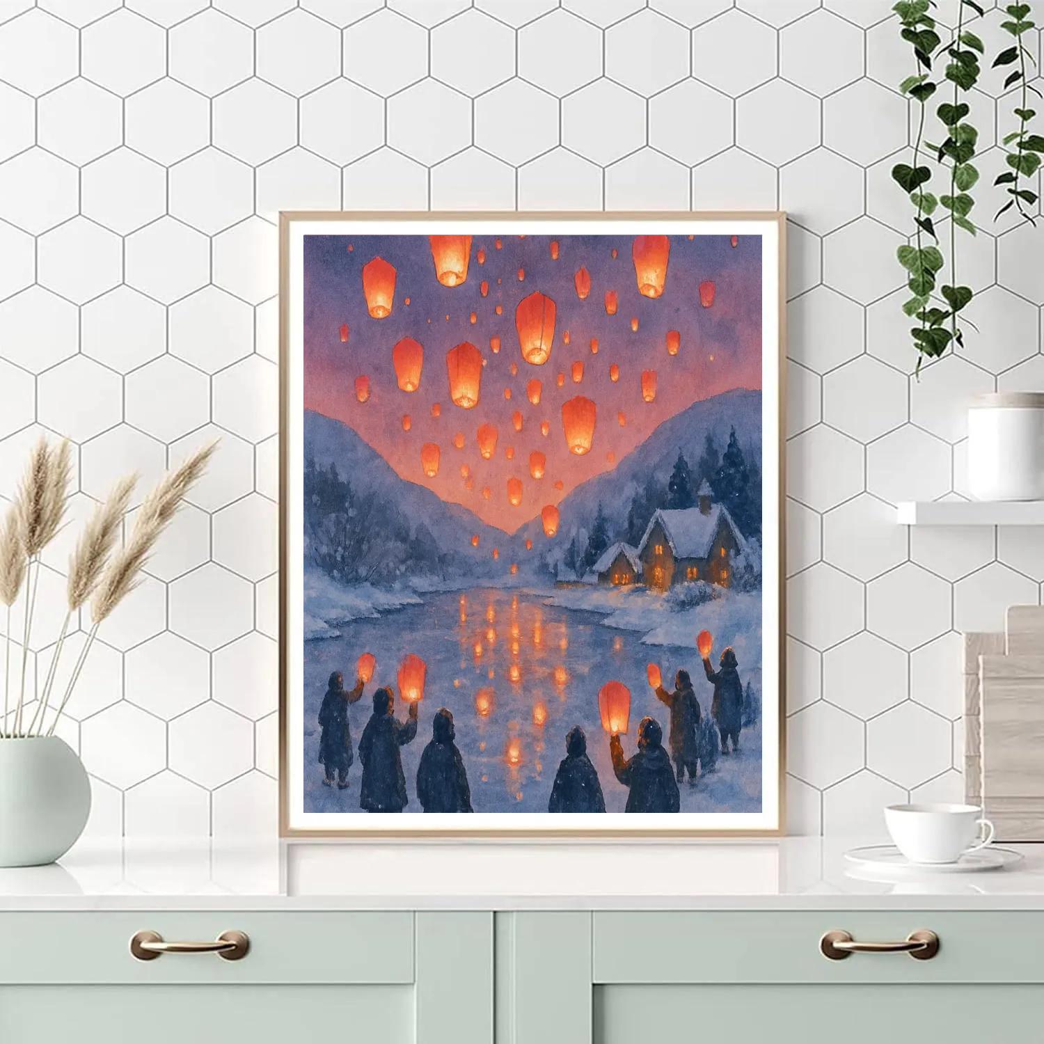 Holiday Sky Lanterns Above The Frozen River Painting by numbers kit