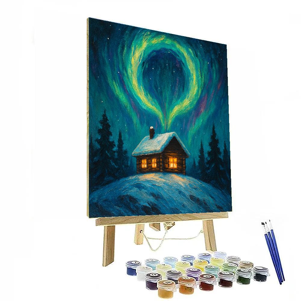 Alpine Cabin With Aurora Wreath Halo Paint by numbers kits