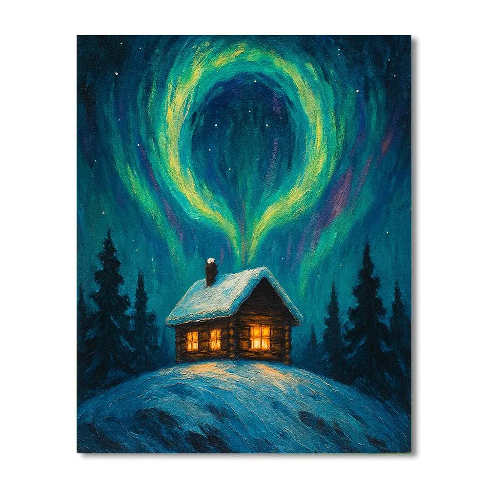 Alpine Cabin With Aurora Wreath Halo Paint by numbers kits