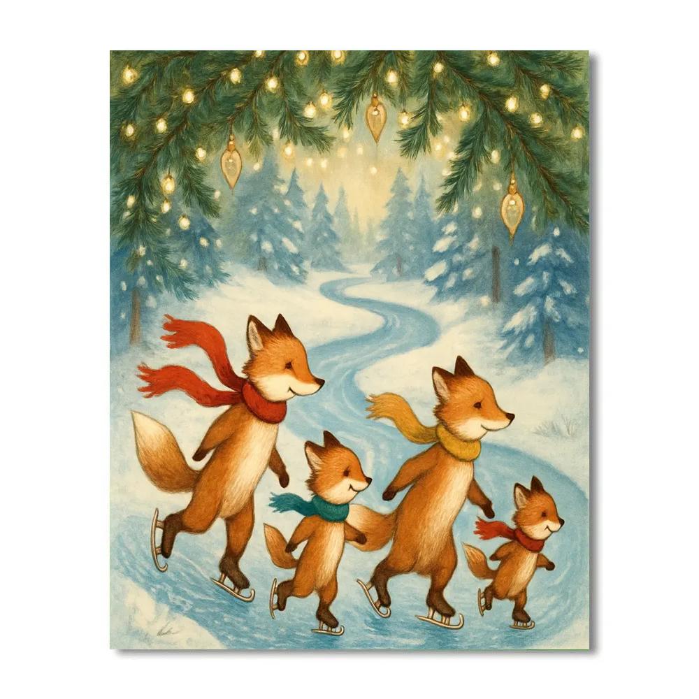Christmas Foxes On The Frozen River Skating Trail Number painting