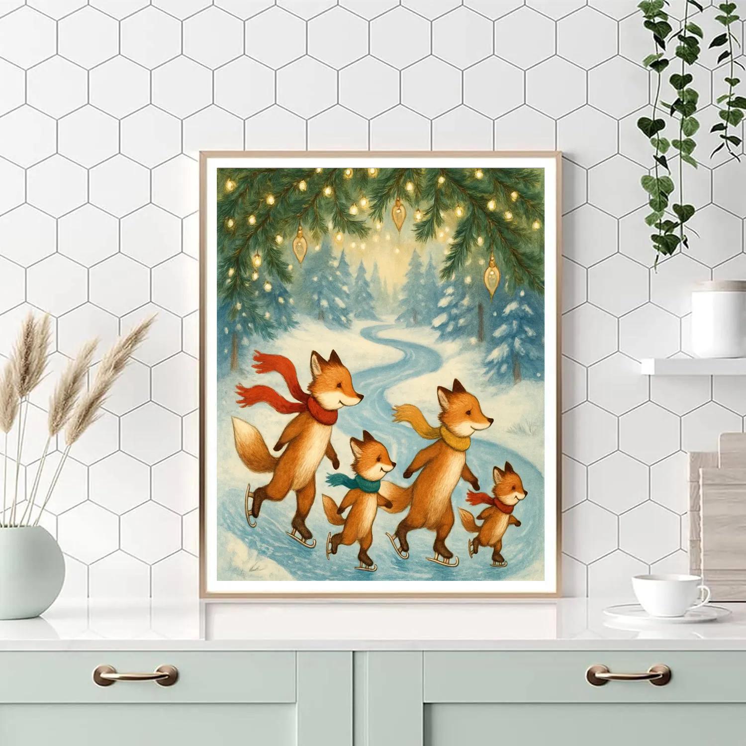 Christmas Foxes On The Frozen River Skating Trail Number painting