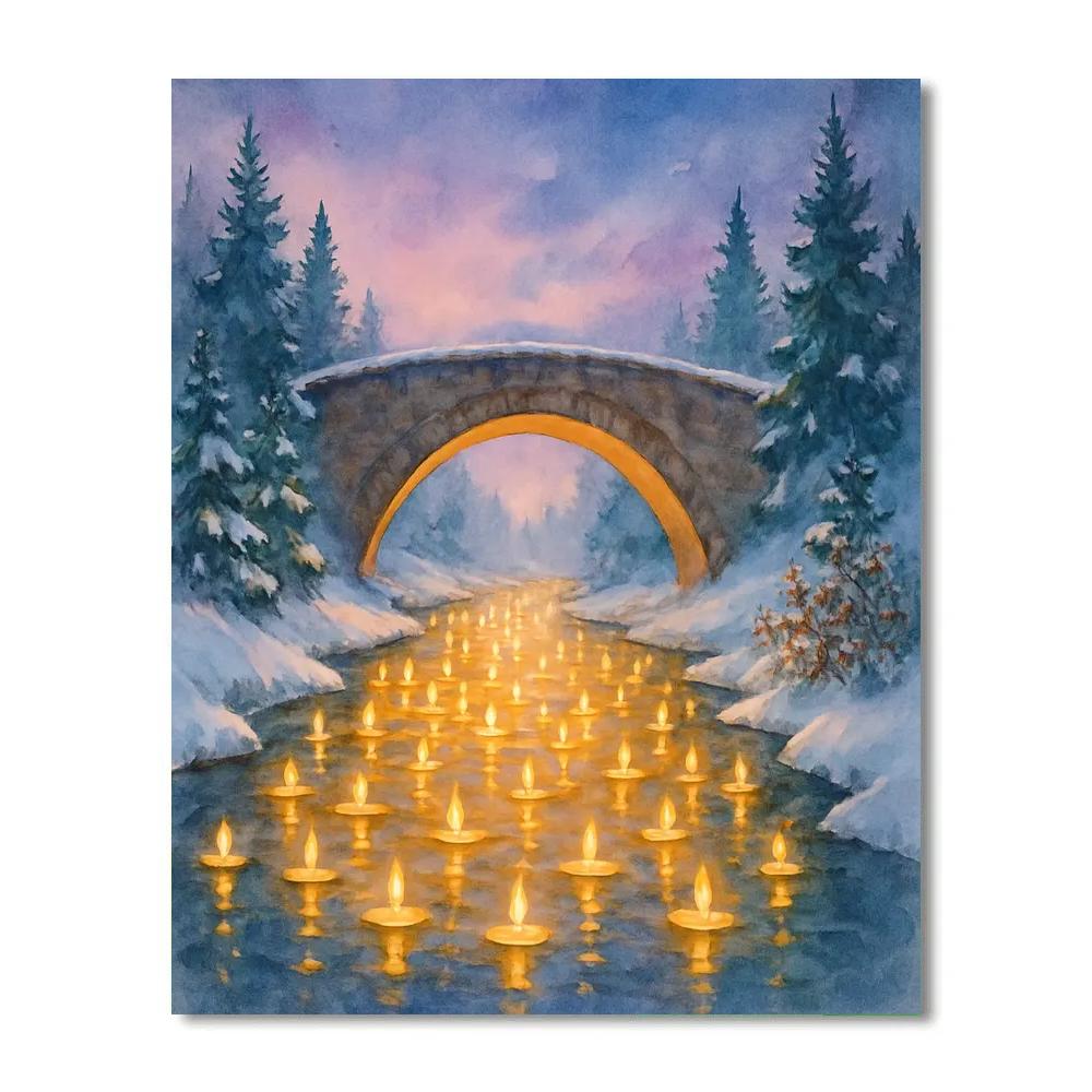 Snowy Bridge Over The Golden Candle River Painting by numbers kit