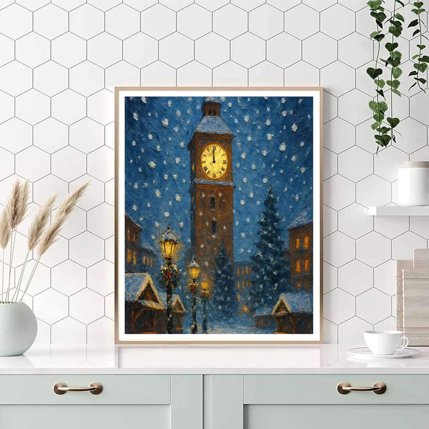 Christmas Clocktower Of The Snowbound Town Numbered painting kits