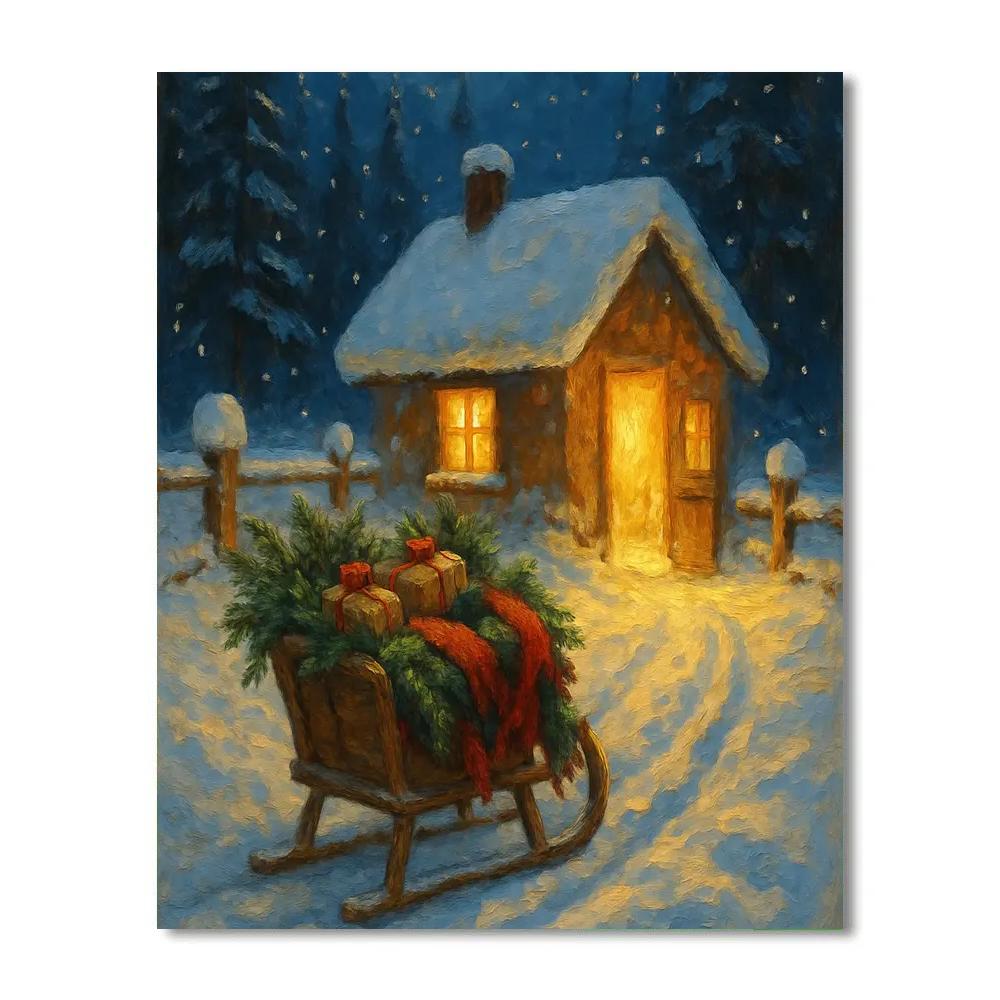 Midnight Sleigh Arrival At Lantern Cottage Painting by numbers kit