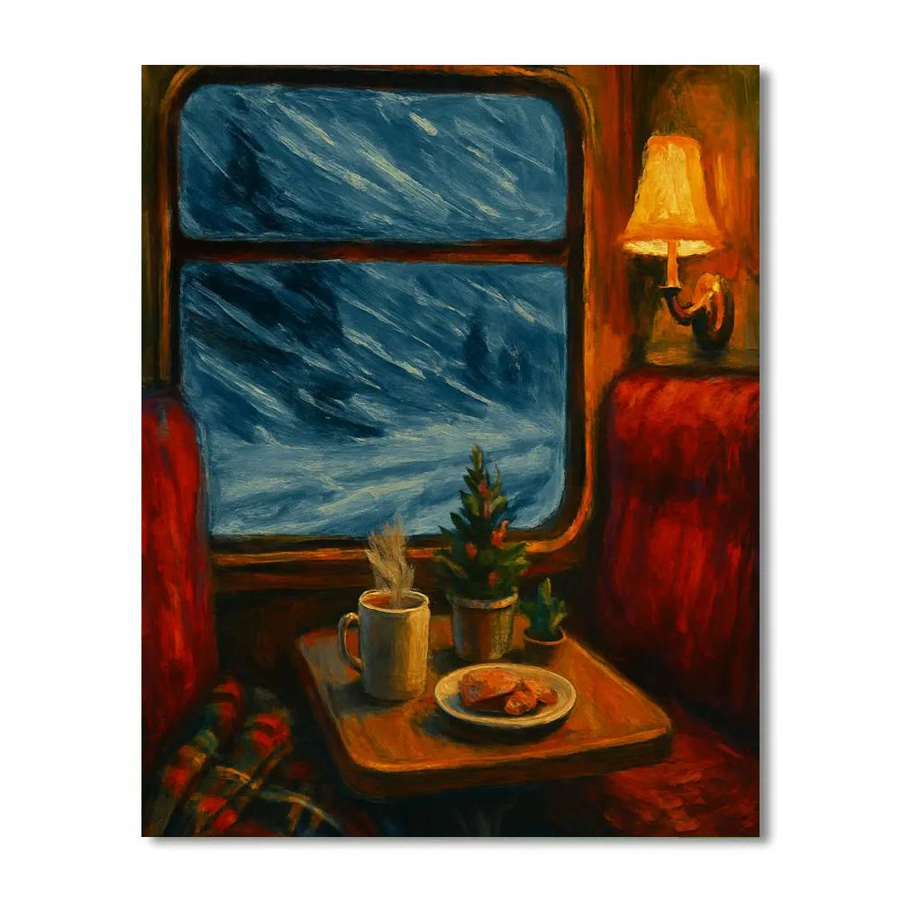 Cozy Train Compartment On A Snowy Night Number painting