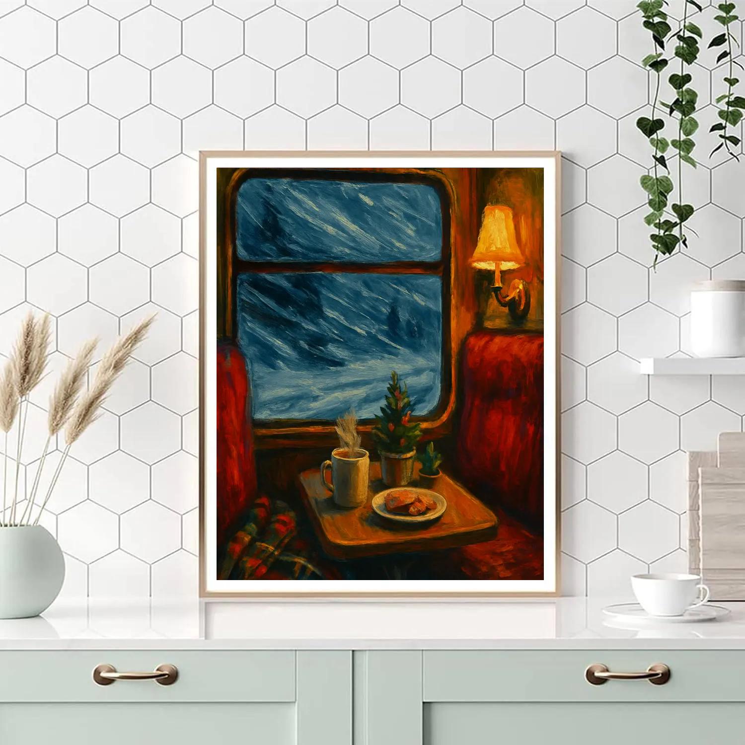 Cozy Train Compartment On A Snowy Night Number painting