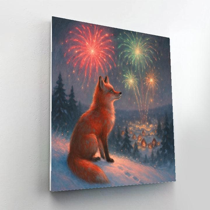 Winter Fox Watching The Village Fireworks Paint by numbers art