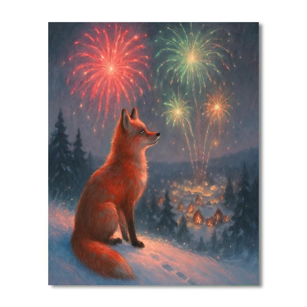 Winter Fox Watching The Village Fireworks Paint by numbers art