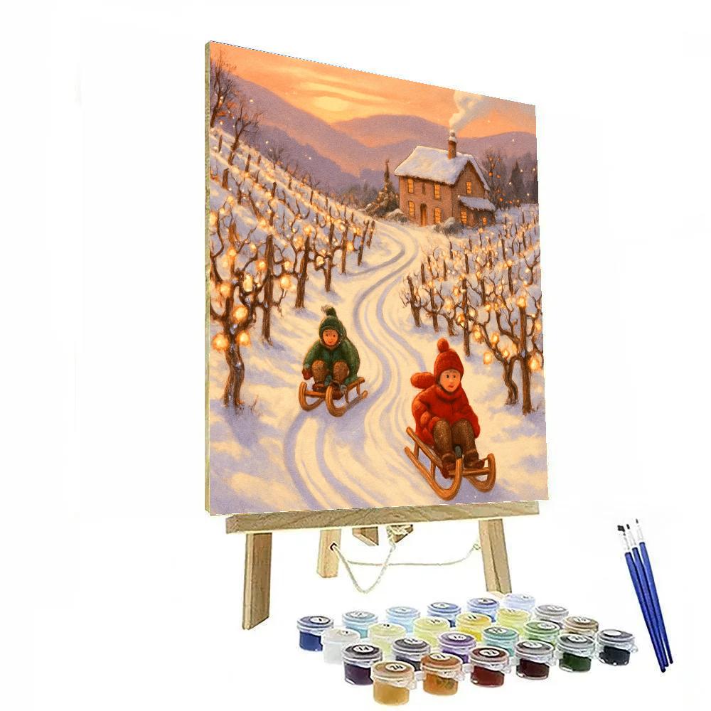 Snowy Vineyard Sled Path At Sunset painting number kit