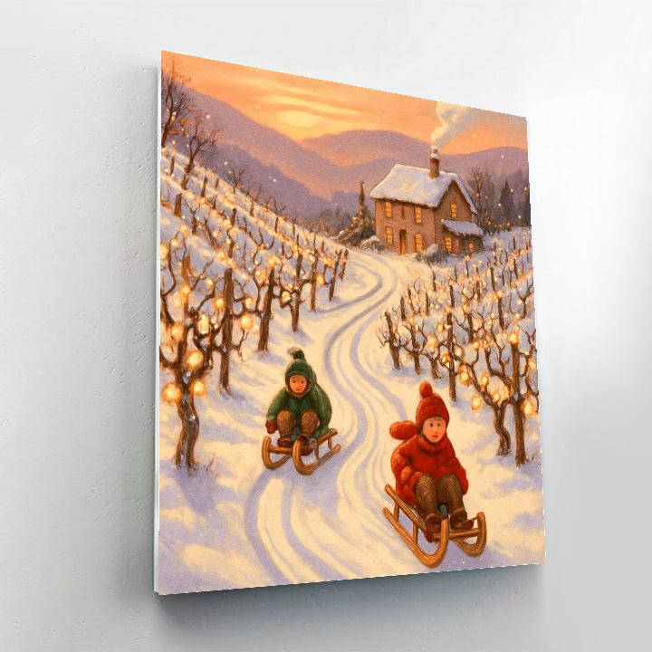 Snowy Vineyard Sled Path At Sunset painting number kit