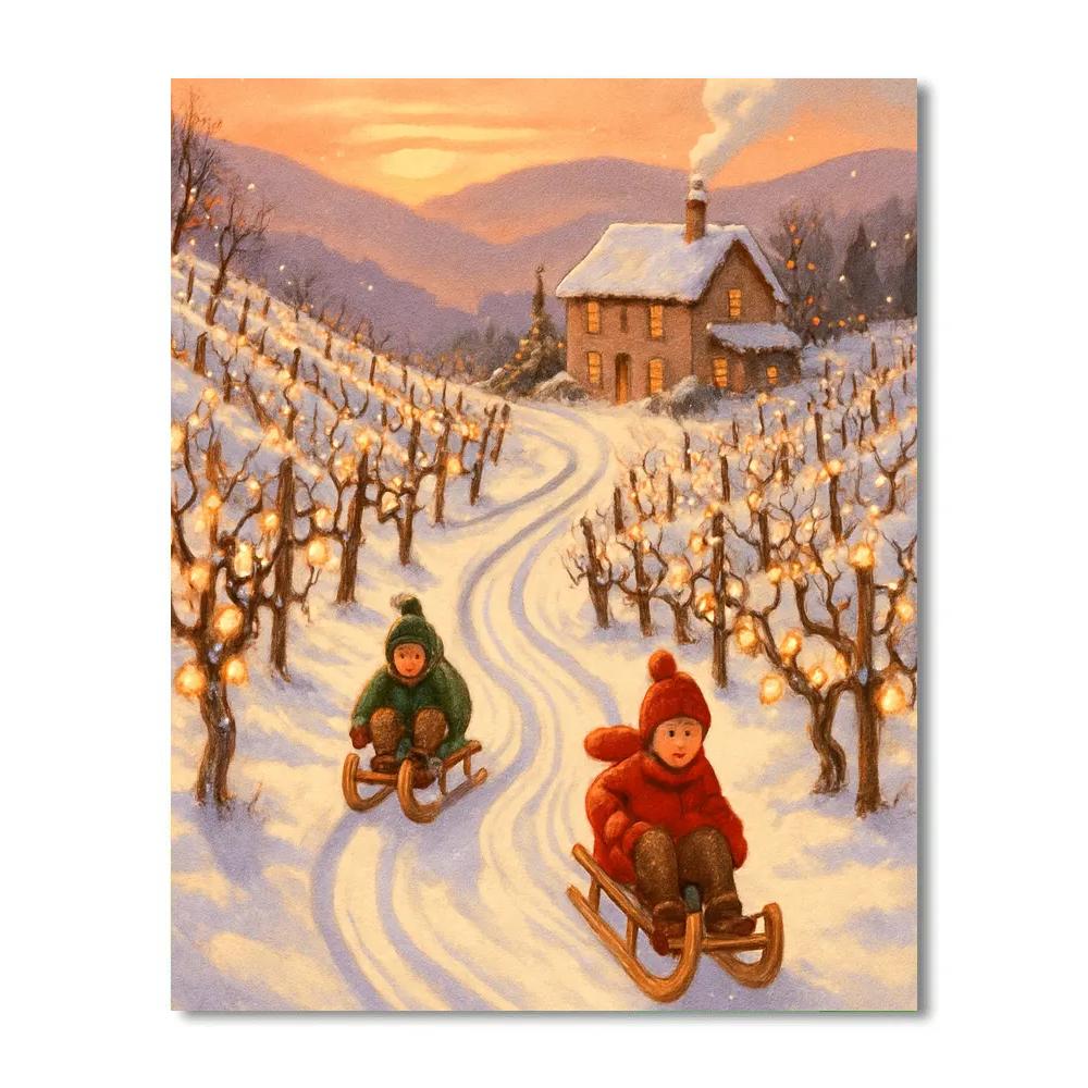 Snowy Vineyard Sled Path At Sunset painting number kit