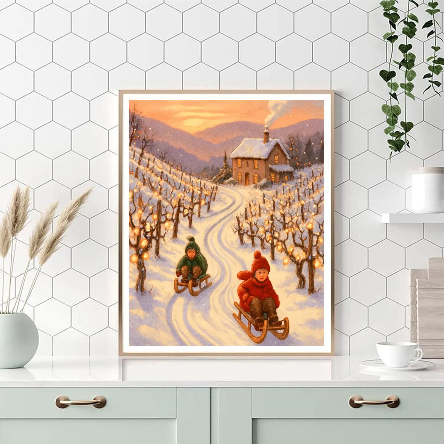 Snowy Vineyard Sled Path At Sunset painting number kit
