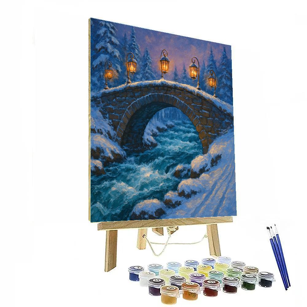 Christmas Lantern Bridge Over Frosted Rapids painting number kit