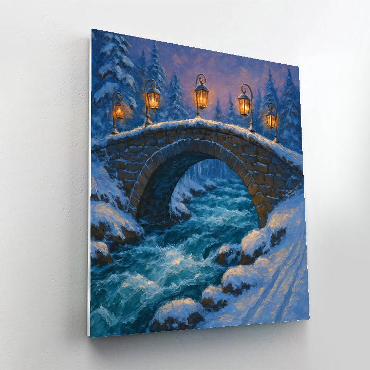 Christmas Lantern Bridge Over Frosted Rapids painting number kit