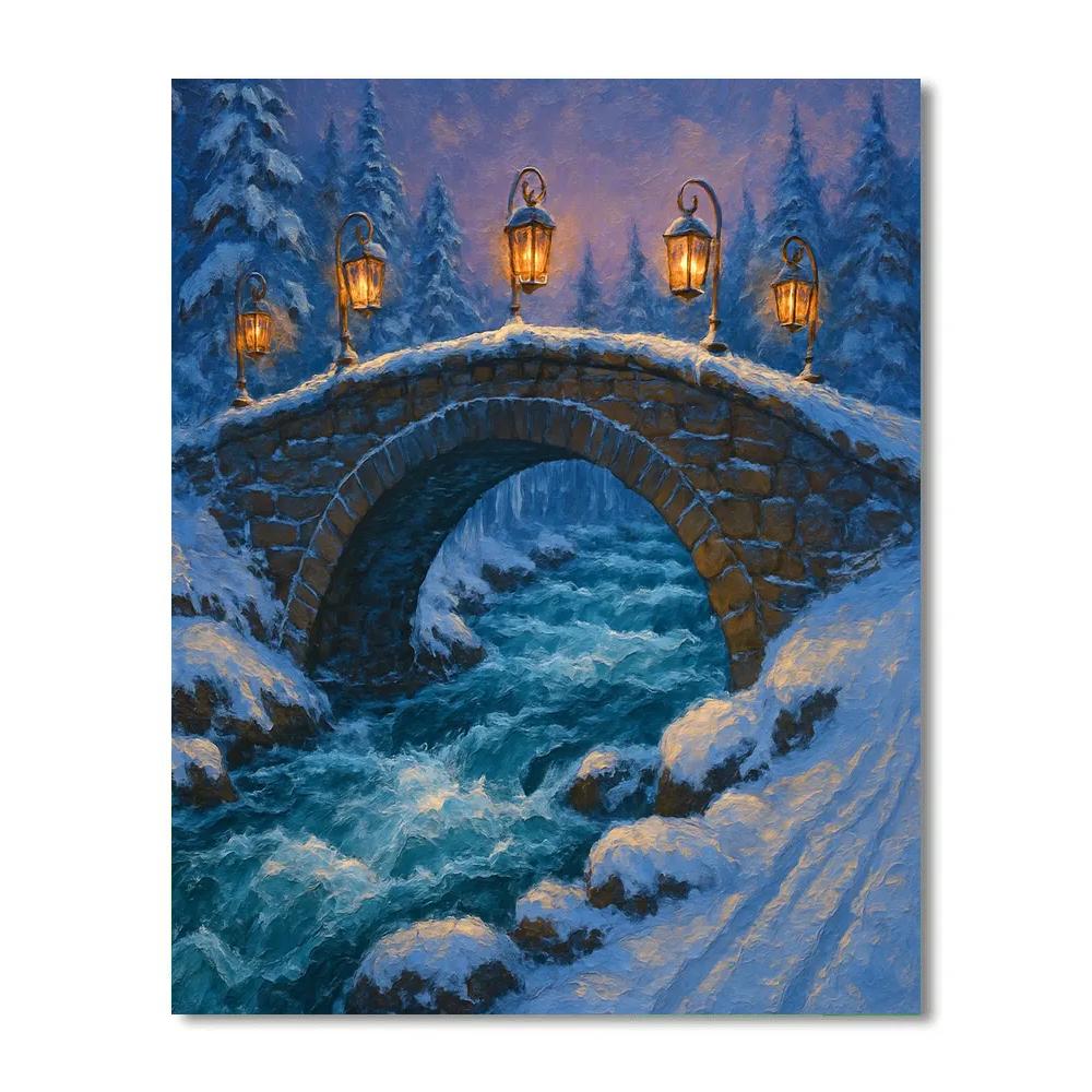 Christmas Lantern Bridge Over Frosted Rapids painting number kit
