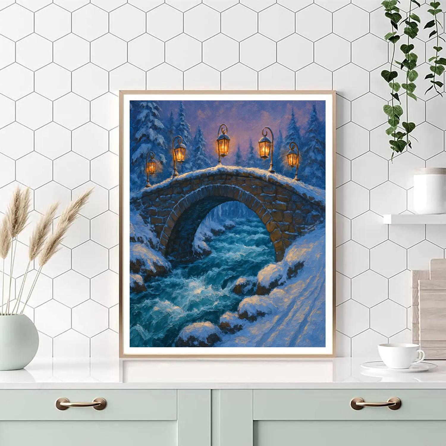 Christmas Lantern Bridge Over Frosted Rapids painting number kit