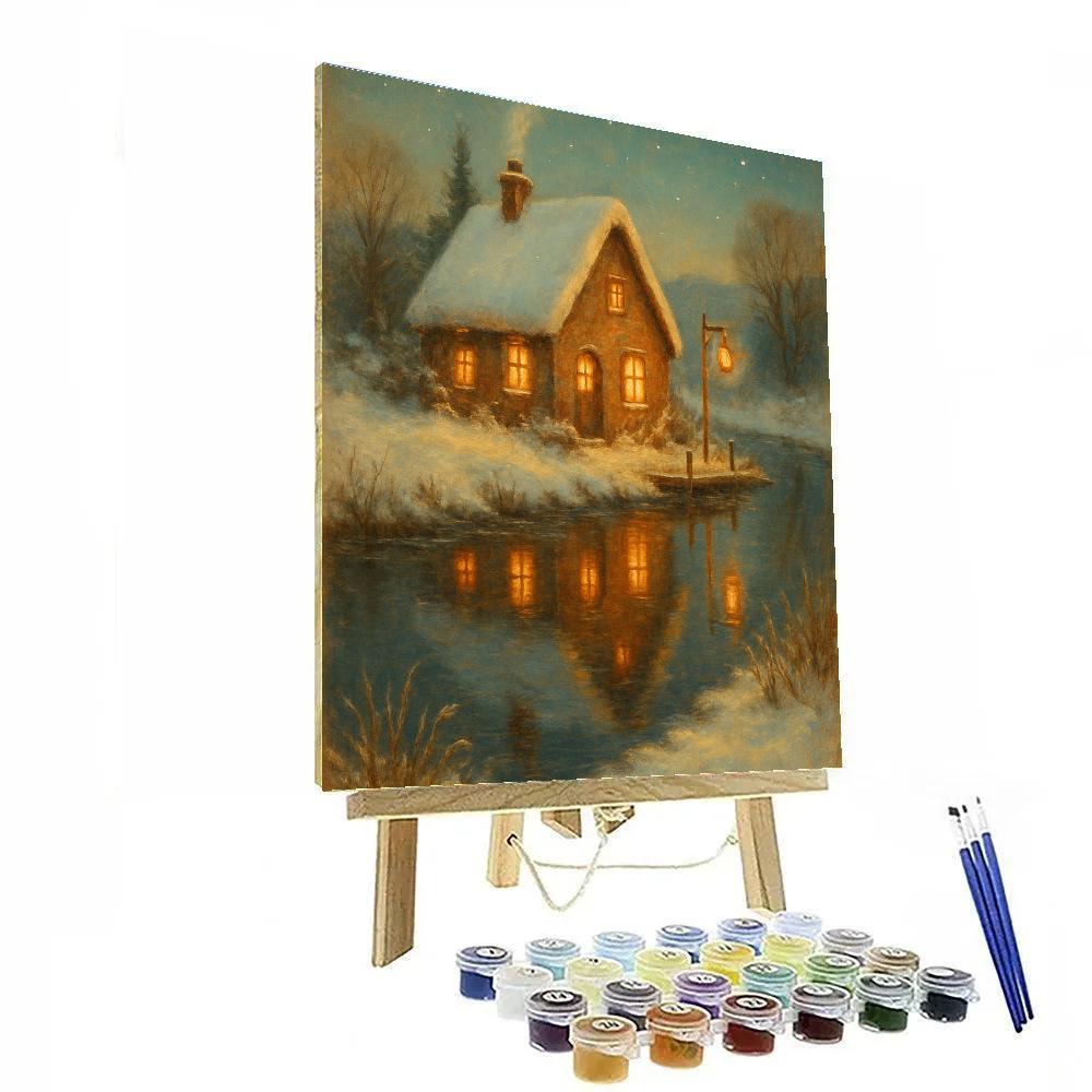 Winter Cottage Reflections In The River Bend paint by color