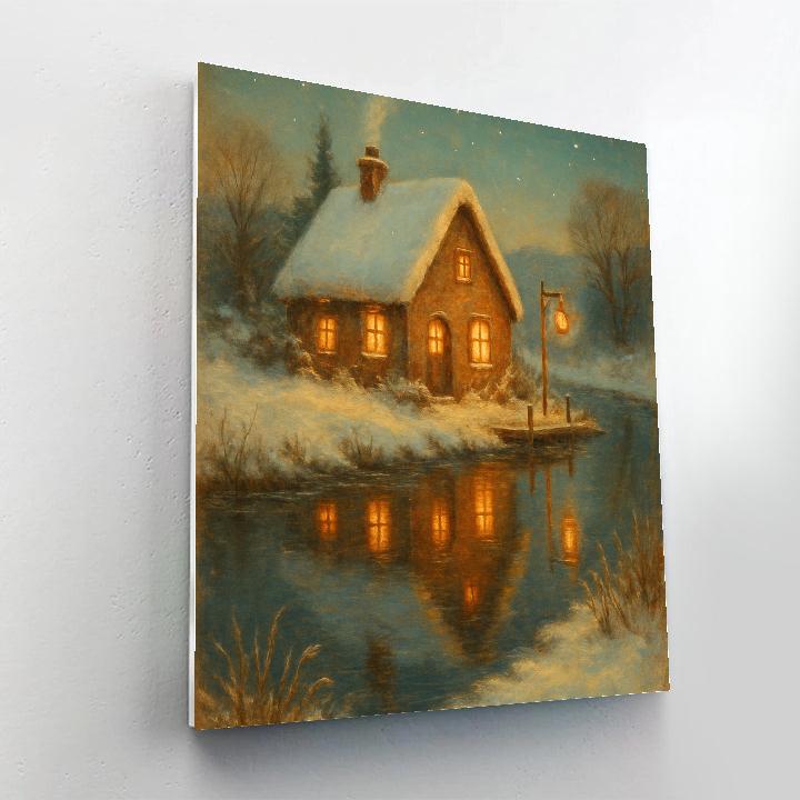 Winter Cottage Reflections In The River Bend paint by color