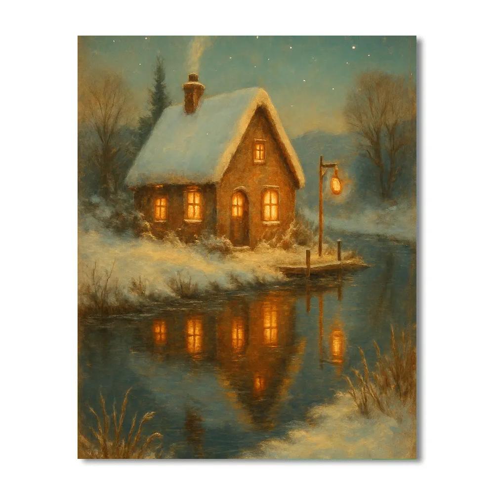 Winter Cottage Reflections In The River Bend paint by color