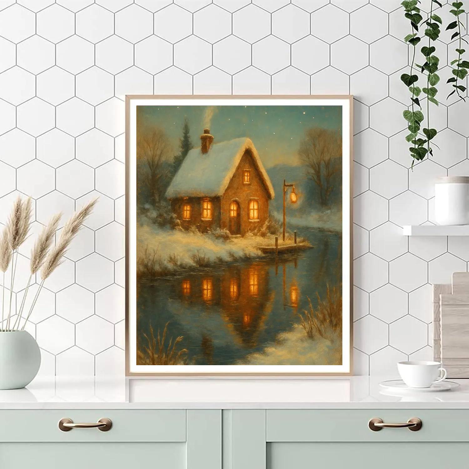 Winter Cottage Reflections In The River Bend paint by color
