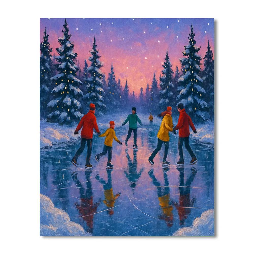 Christmas Skaters On The Forest Mirror Pond Paint by numbers art