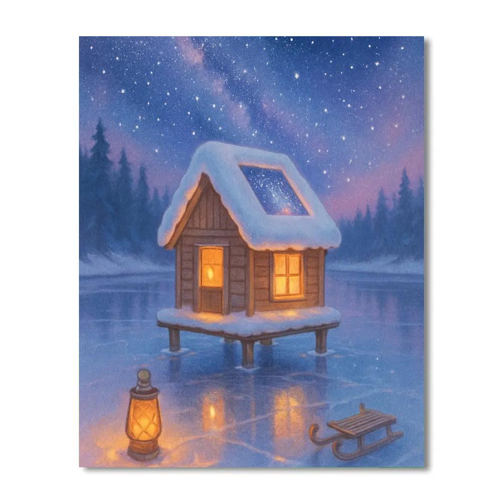 Stargazer Cabin On The Frozen Lake paint by number