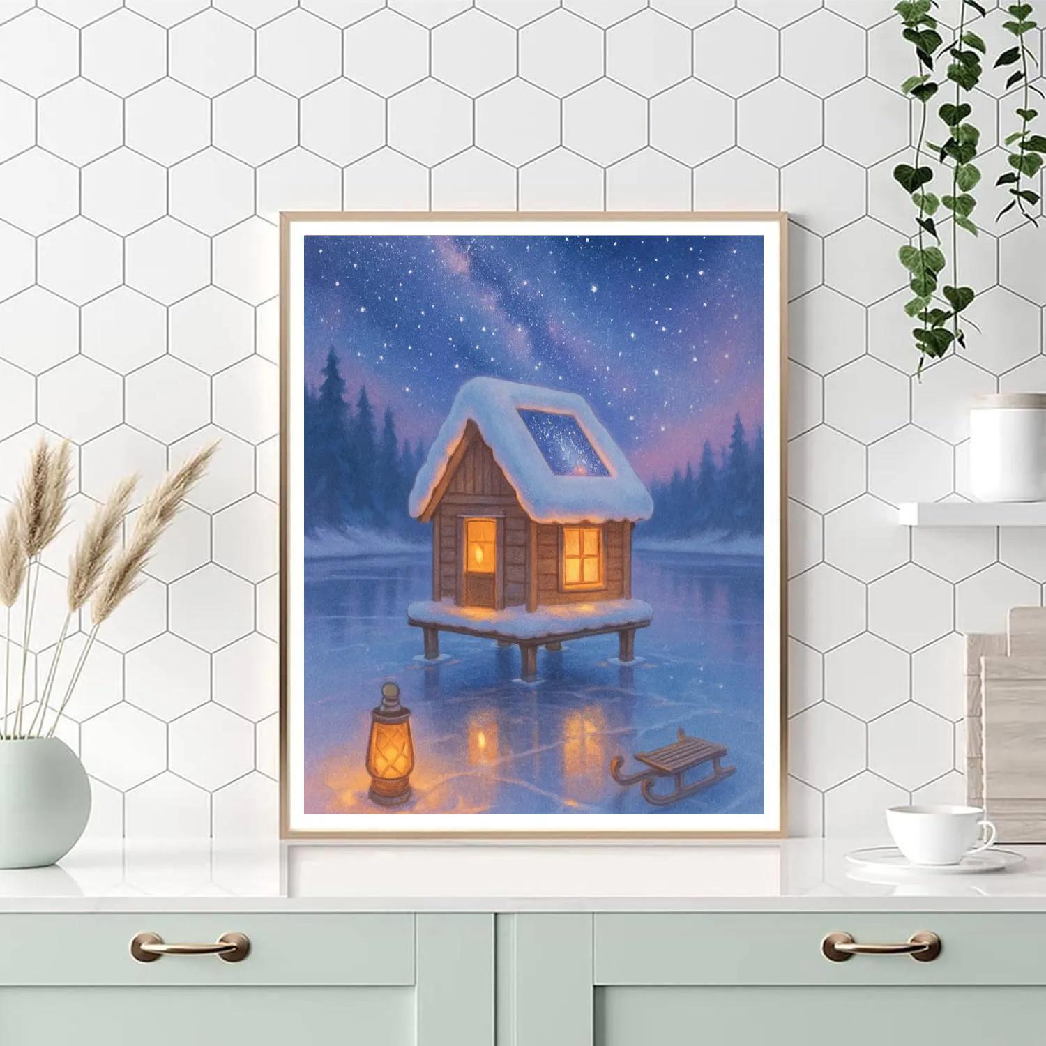 Stargazer Cabin On The Frozen Lake paint by number