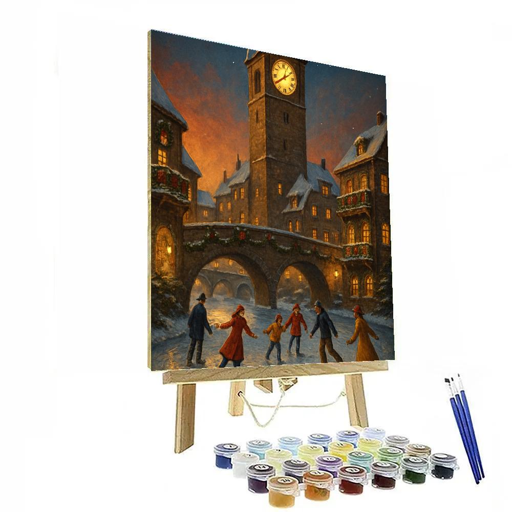 Snowy Clocktower Over The Canal Skaters paint by number