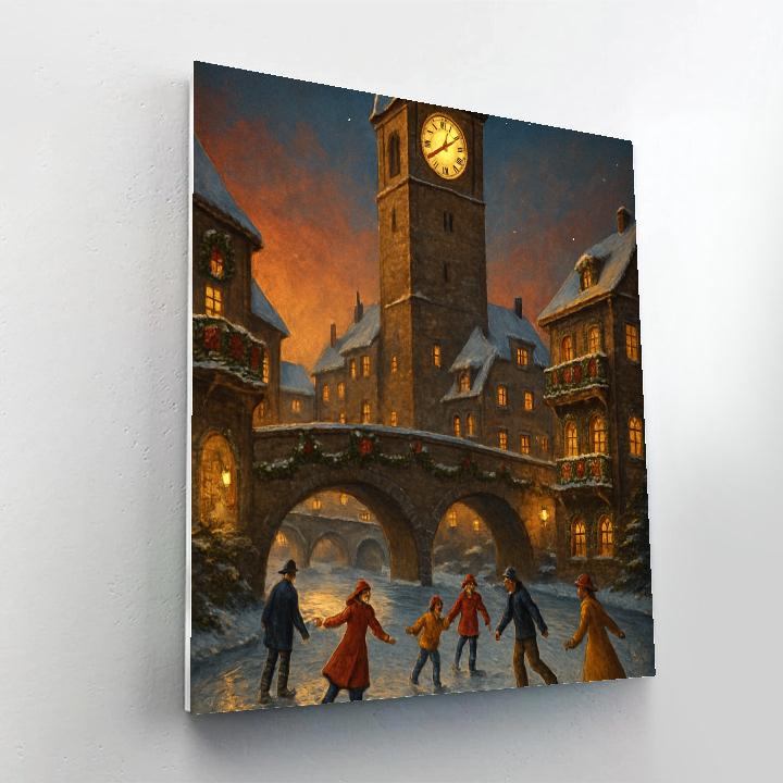 Snowy Clocktower Over The Canal Skaters paint by number