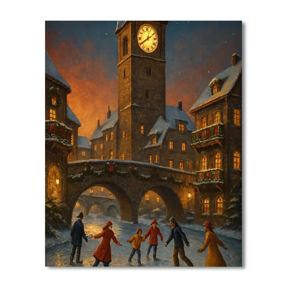 Snowy Clocktower Over The Canal Skaters paint by number