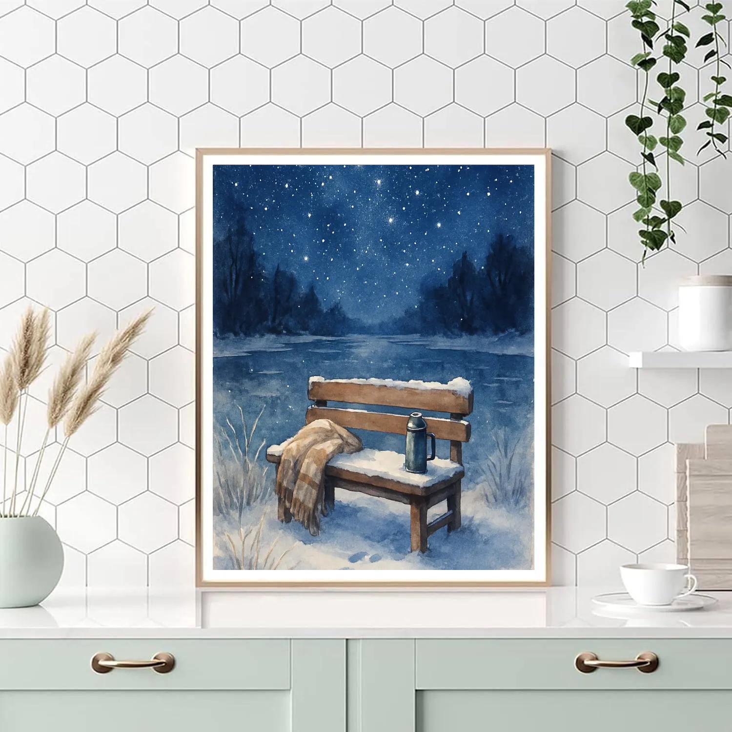 Winter Stargazer Bench By The Frozen River DIY paint by numbers