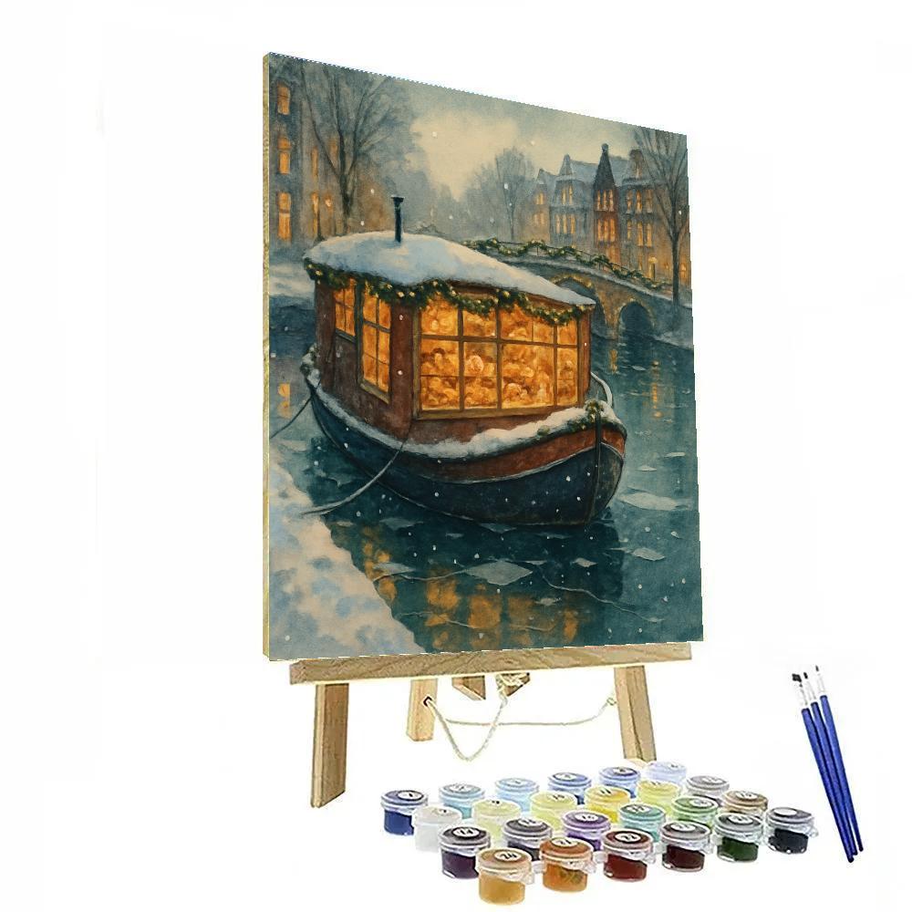 Christmas Bakery Barge On The Winter Canal Paint by numbers art