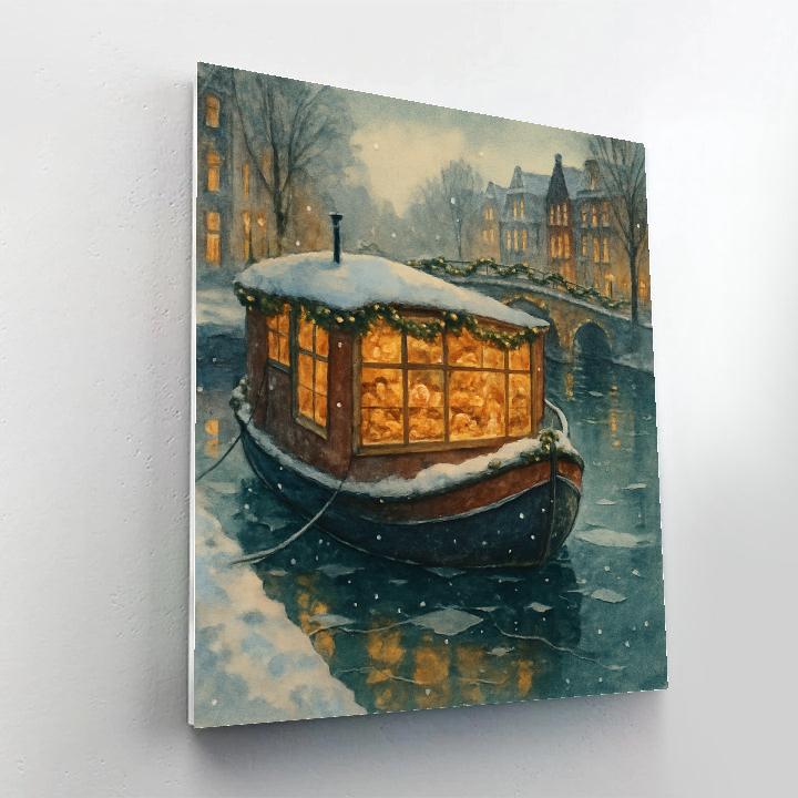 Christmas Bakery Barge On The Winter Canal Paint by numbers art