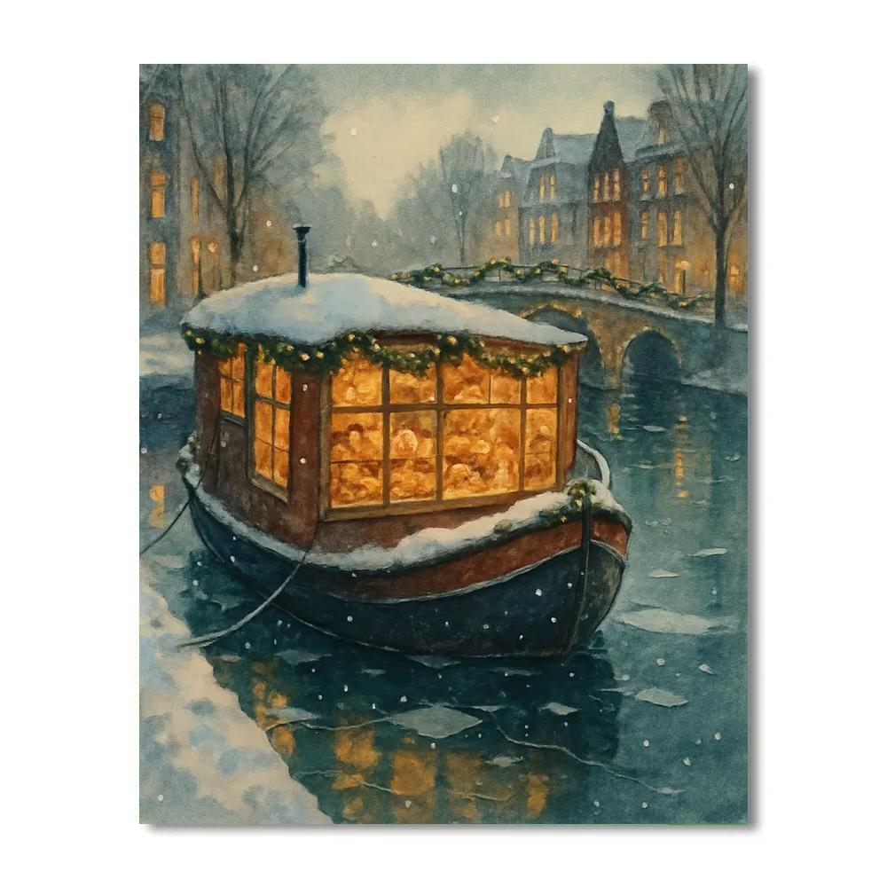 Christmas Bakery Barge On The Winter Canal Paint by numbers art