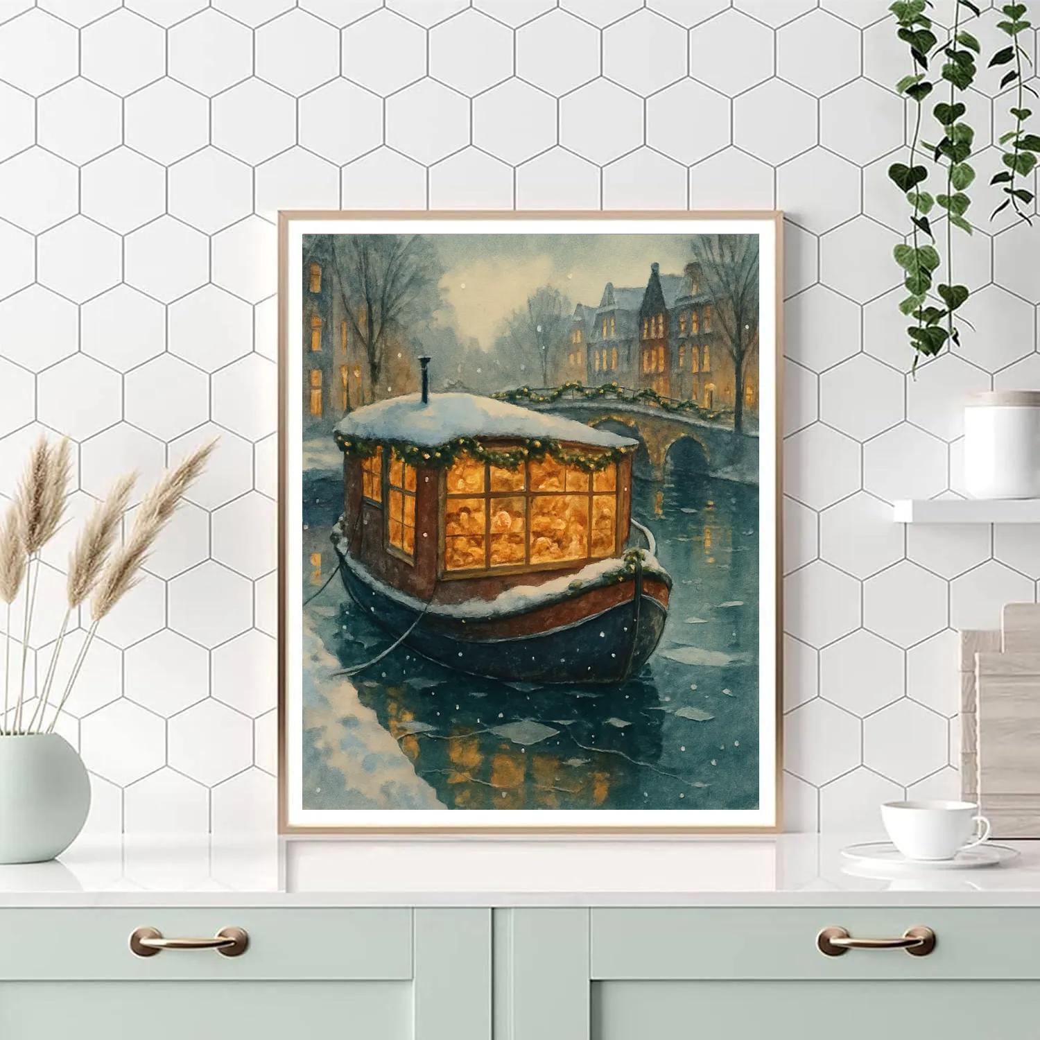 Christmas Bakery Barge On The Winter Canal Paint by numbers art