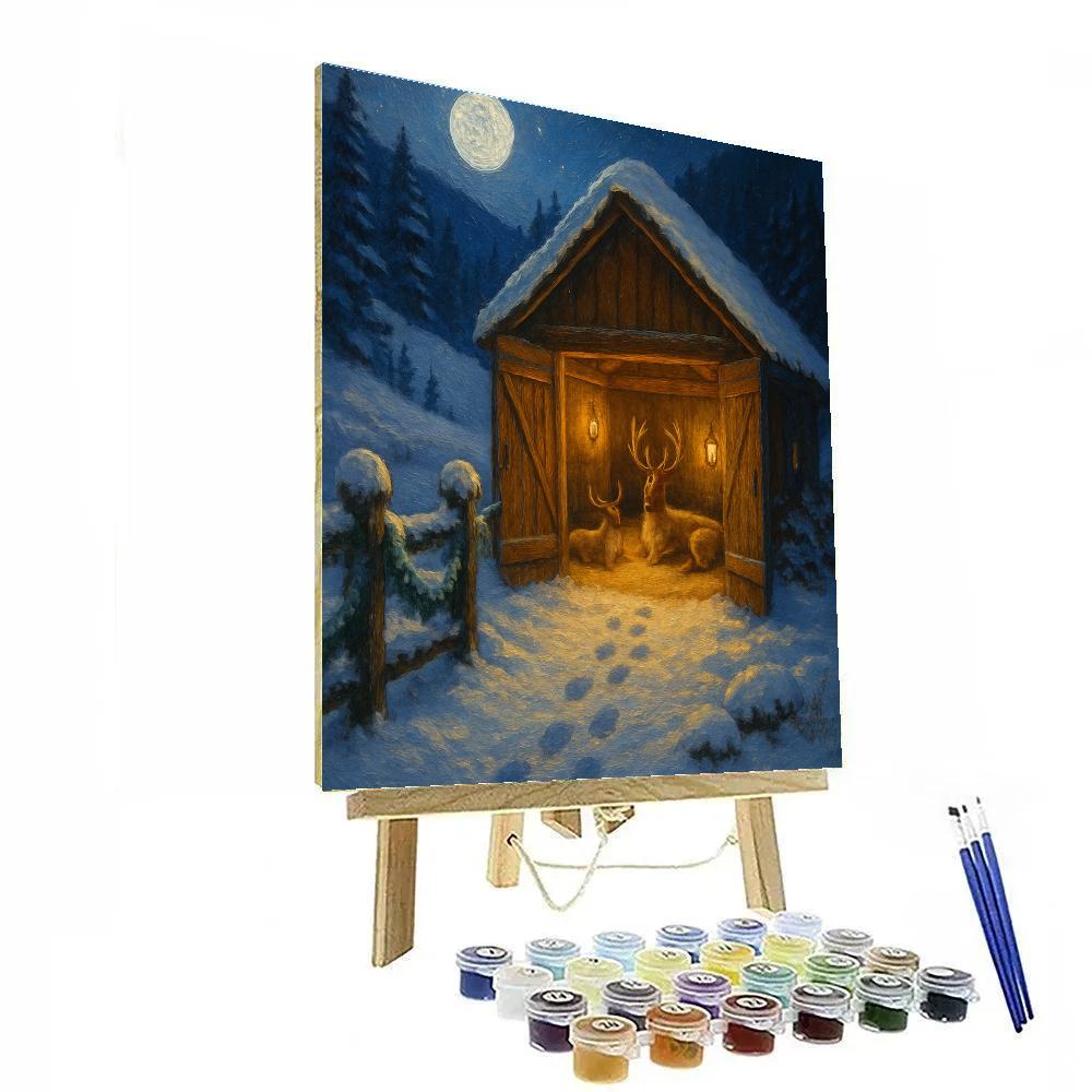 Moonlit Reindeer Stable In The Valley painting number kit