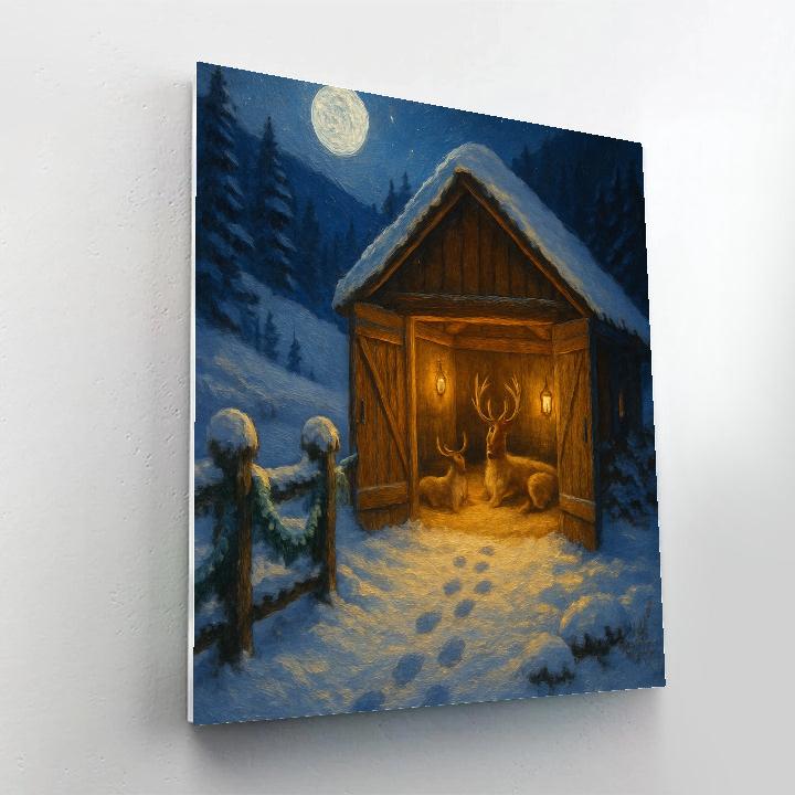 Moonlit Reindeer Stable In The Valley painting number kit