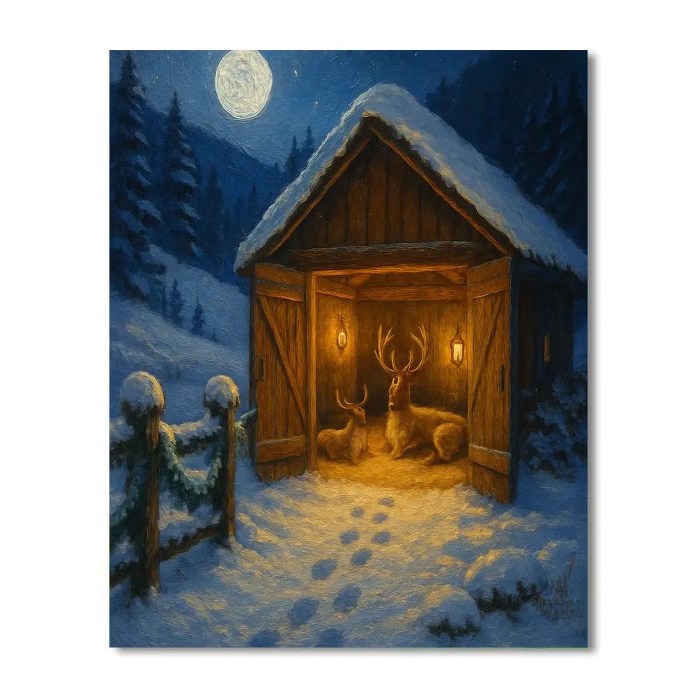 Moonlit Reindeer Stable In The Valley painting number kit