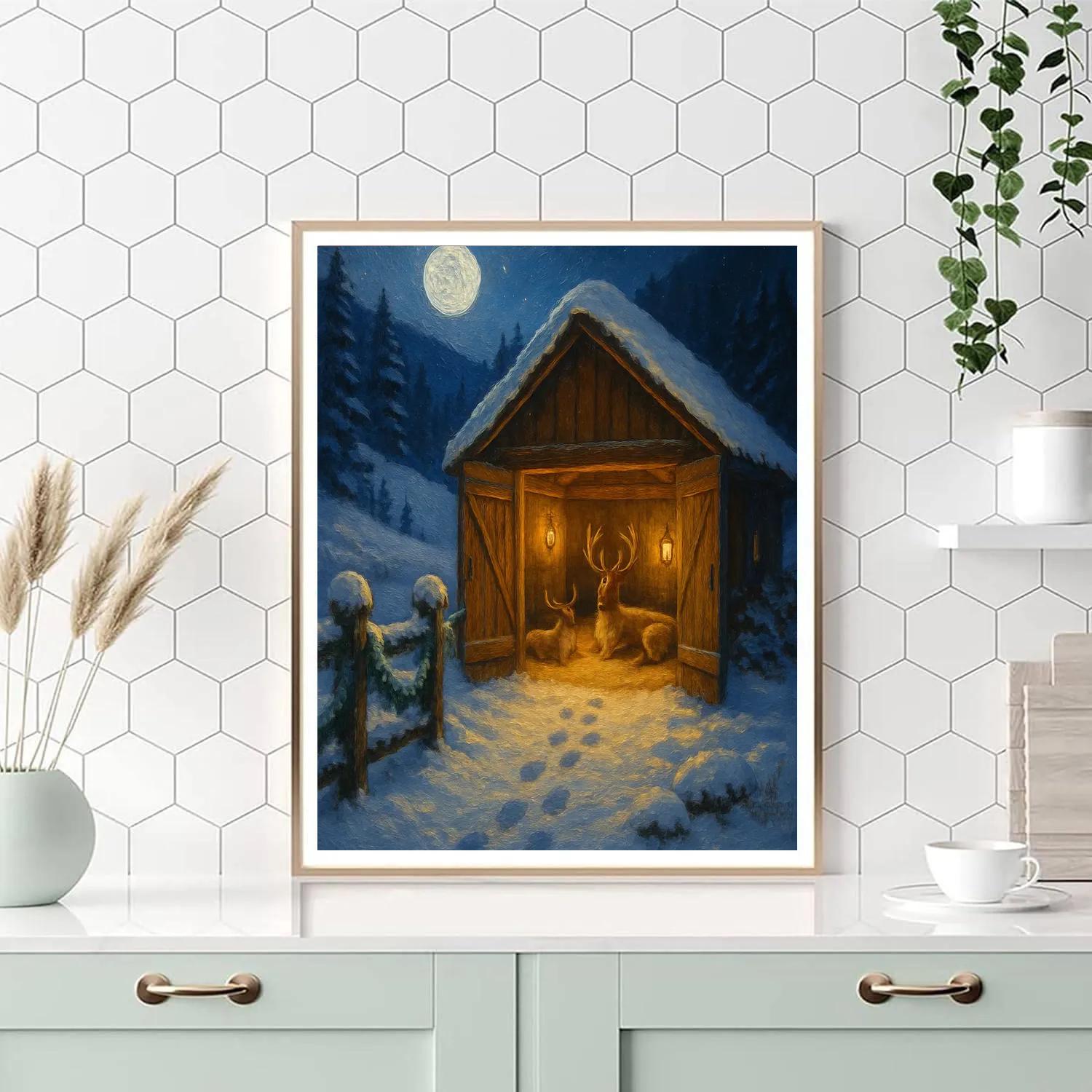 Moonlit Reindeer Stable In The Valley painting number kit