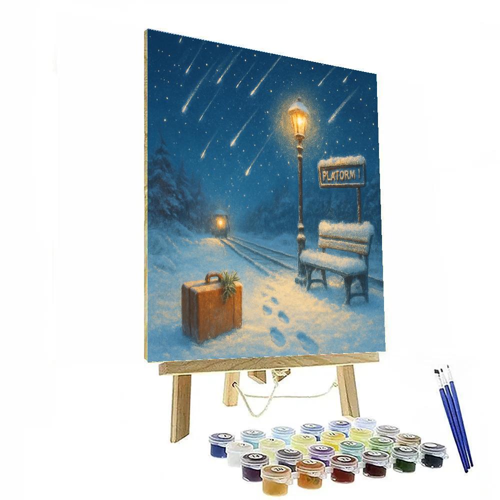 Winter Train Platform Beneath Falling Stars paint by number