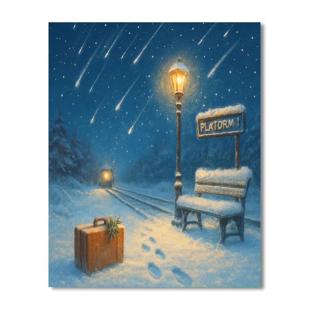 Winter Train Platform Beneath Falling Stars paint by number
