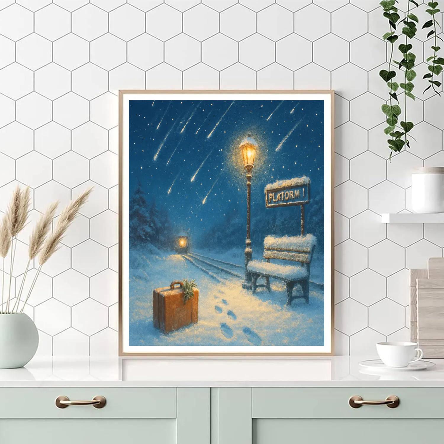 Winter Train Platform Beneath Falling Stars paint by number