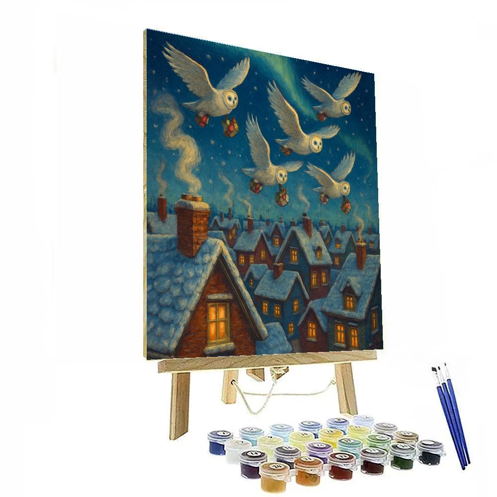 Midnight Owl Post Over Snowy Rooftops Number painting