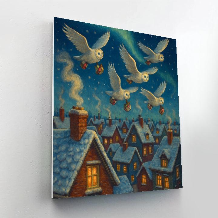 Midnight Owl Post Over Snowy Rooftops Number painting
