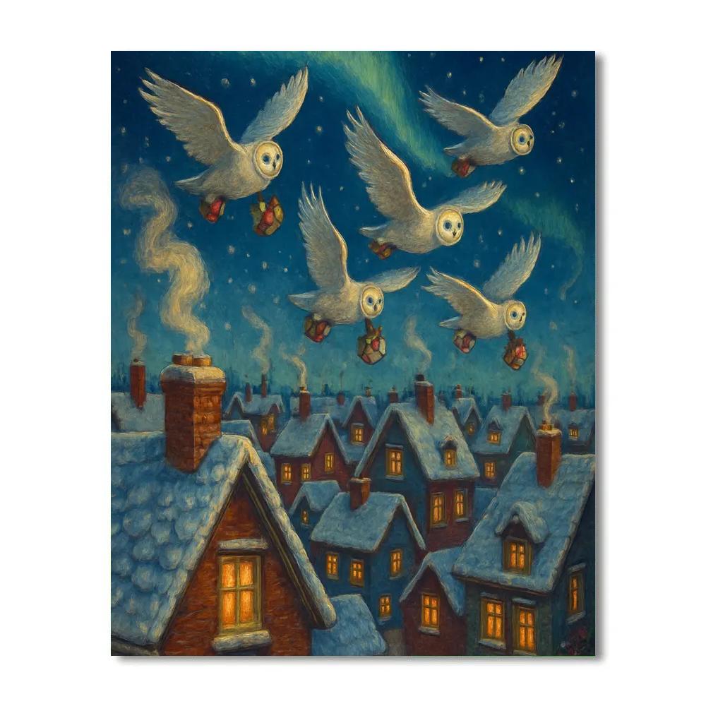 Midnight Owl Post Over Snowy Rooftops Number painting