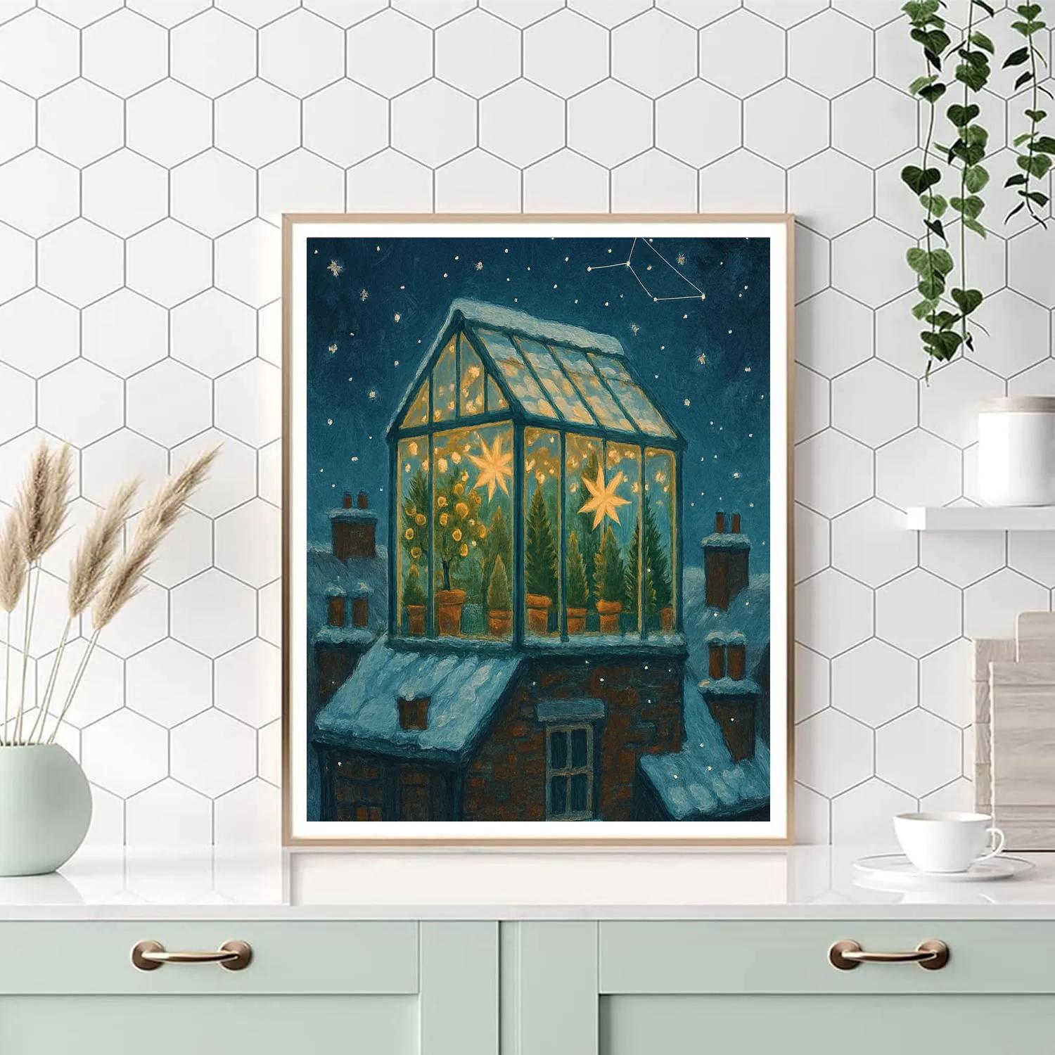 Snowy Rooftop Greenhouse Observatory paint by number